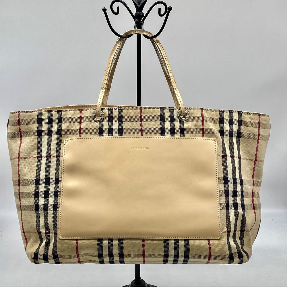 BURBERRY LONDON HOUSE BEIGE LEATHER NOVA CHECK CANVAS MEDIUM TOTE BAG SATCHEL